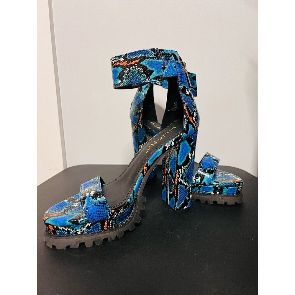 Liliana Patterned Skin Thick Ankle Strap Rugged Outsole Heel Size 6 Multicolor